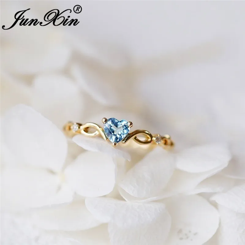 JUNXIN минималистский милый маленькое сердце кольца для женщин серебро желтый золотистого цвета прозрачный зеленый синий розовый циркон с радужным блеском обручальное кольцо CZ - Цвет основного камня: Yellow Gold Blue
