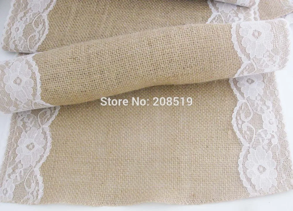 

CR0012 TableCloth with White Lace Jute Table Burlap 1pcs 2.8meter long and 30cm width Wedding&home party Table Decoration