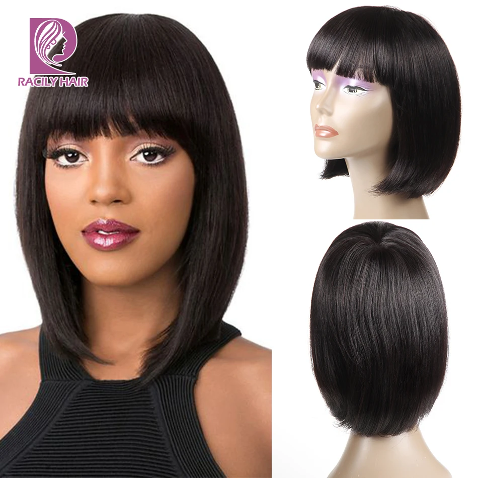 

Racily Hair Glueless Peruvian Straight Bob Wig With Bangs For Black Women 1B Short Human Hair Bob Wigs Non Remy Hair 8-12 Inches