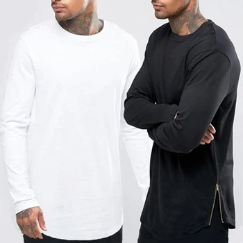 

New Trends Men T Shirts Super Longline Long Sleeve T-Shirt Hip Hop Arc Hem With Curve Hem Side Zip Tops Tee