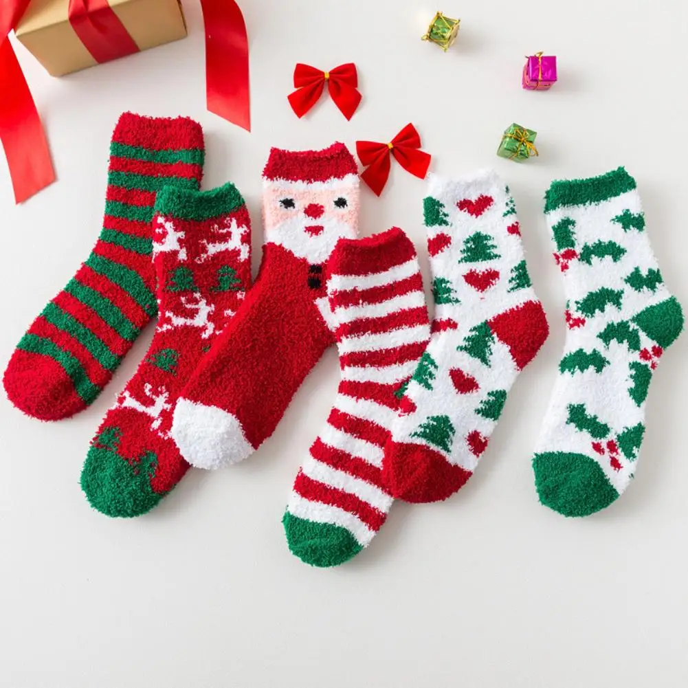 Фото Милые Рождественские теплые пушистые зимние носки-тапочки из кораллового флиса