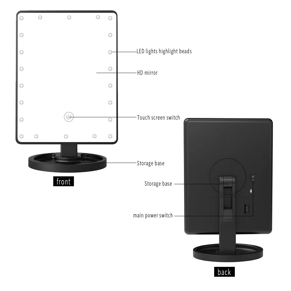 22 светодиода сенсорный экран 1X& 10X зеркало для макияжа настольная столешница яркая Регулируемая на 180 градусов USB кабель или батареи использования