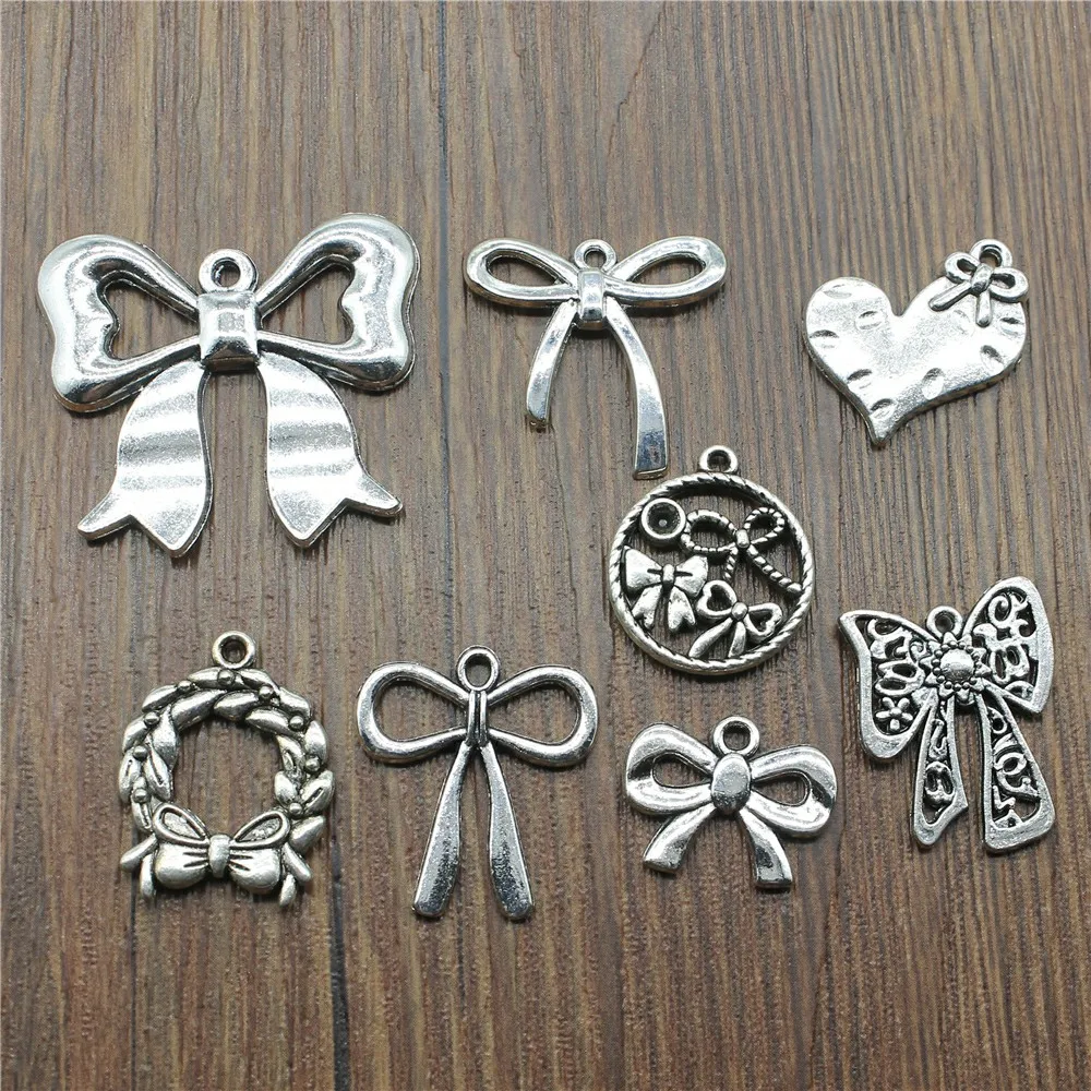 10pcs/lot Charms Bowknot Antique Silver Color Bow Pendant Charms Bow