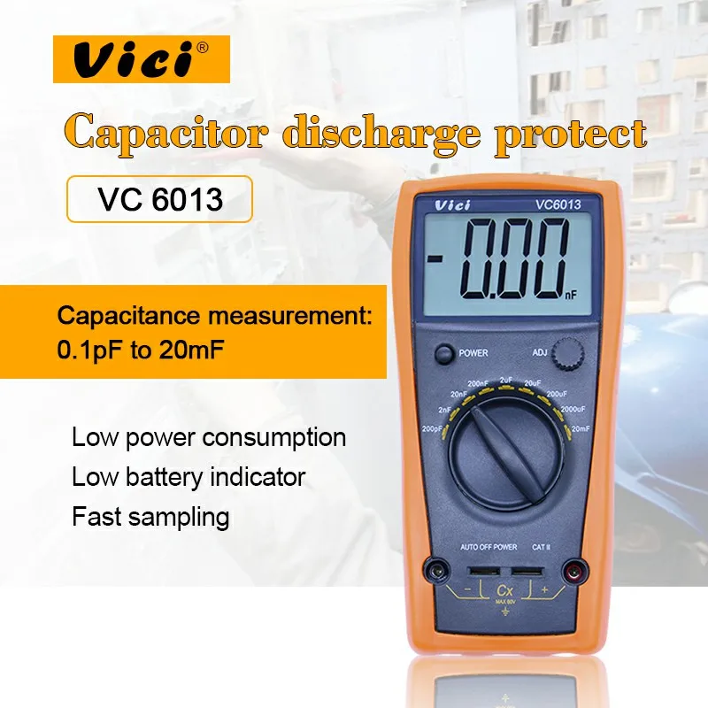 

Vici VC6013 digital Capacitance meter 200pF to 20mF with 9 ranges test capacitance of cables switches PCB circuit