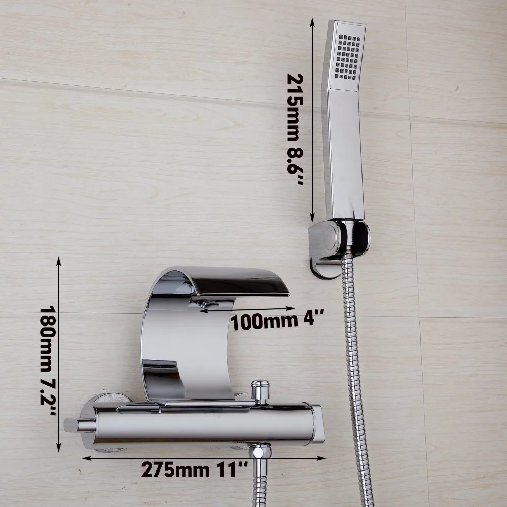 KEMADI Ванная комната Ванна Настенный хром полированный Твердый латунный водопад Носик двойной управление ручной распылитель душевой кран
