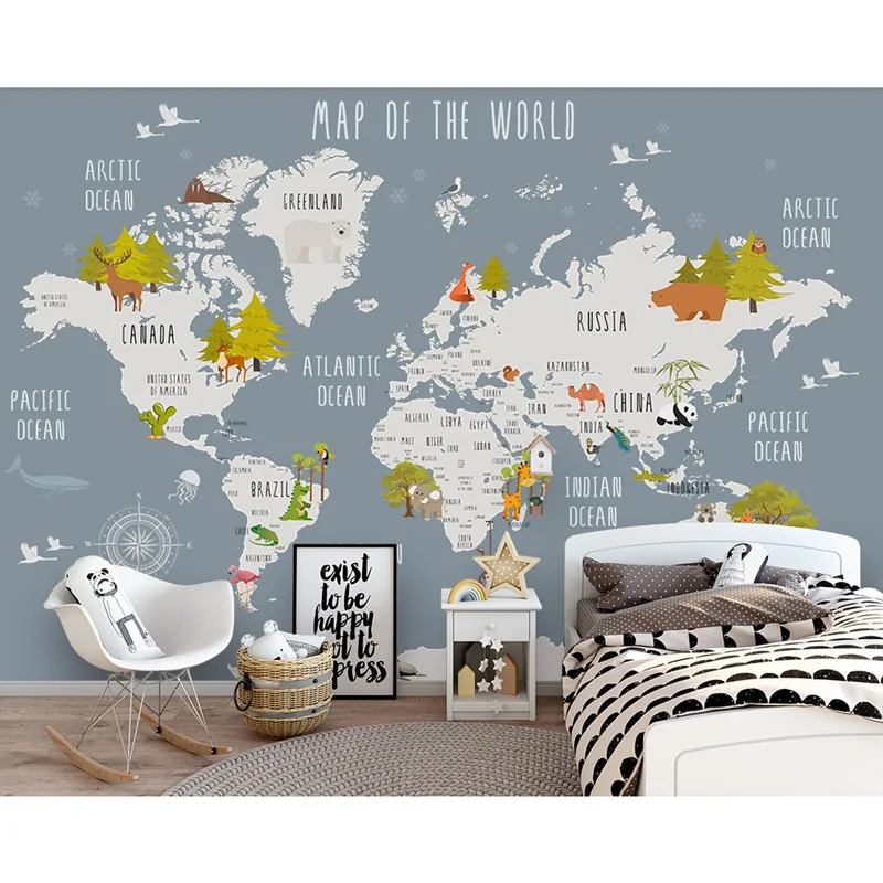 

Kids Wall Paper Stickers Cartoon World Map Photo Wallpaper Mural 3D Children's Room Bedroom Self Adhesive Vinyl / Silk Wallpaper