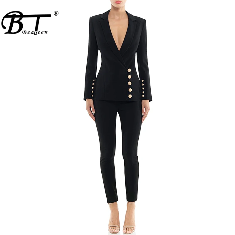 Beateen Women's Black Deep V Gold Buttons Blazer Jacket Pantsuits Long Sleeve Formal For Special Occasion Pant Suits Sets Women