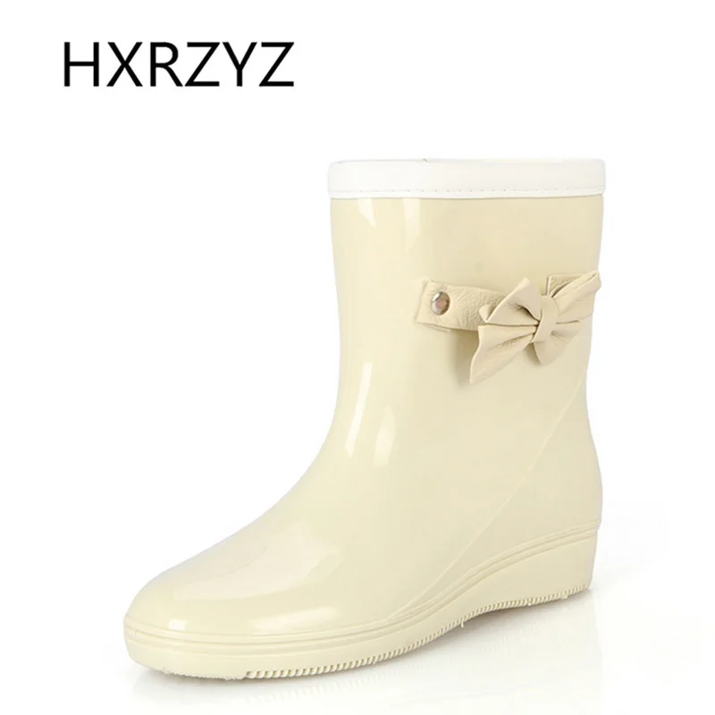 water shoes Women spring and autumn new bow rubber boots Ladies plus Cotton warm rain boots