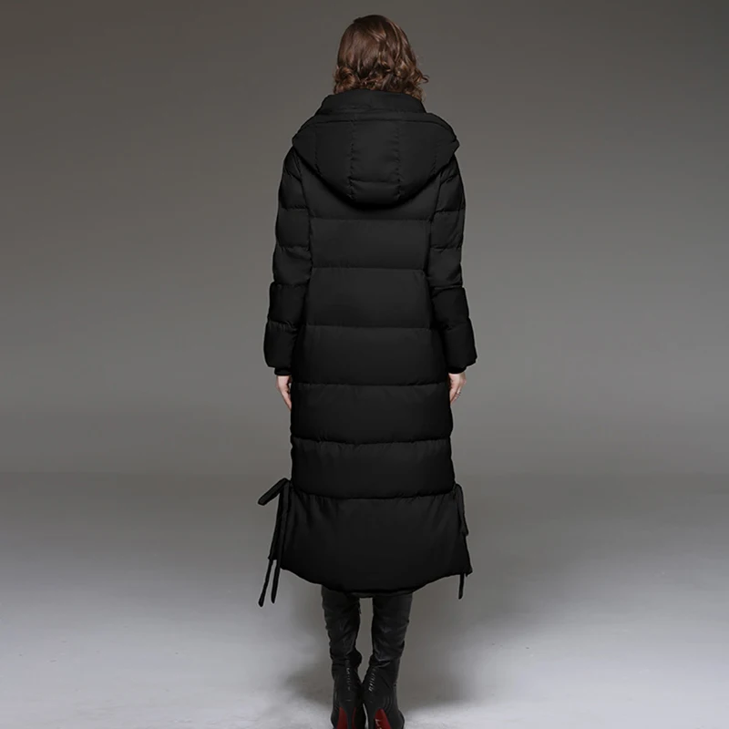 Cheap Autumn Winter New Ultra long Down Jacket Women Warm Hooded parkas Fashion Belt Female Elegant Casual Champagne Outwear Coat N681 5