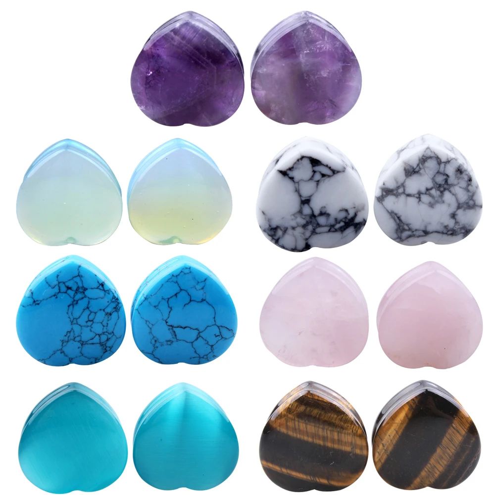 1 Pair Trendy Natural Stone Heart Ear Expanders Stretcher Ear Plug Tunnel Earring Gauges Ear