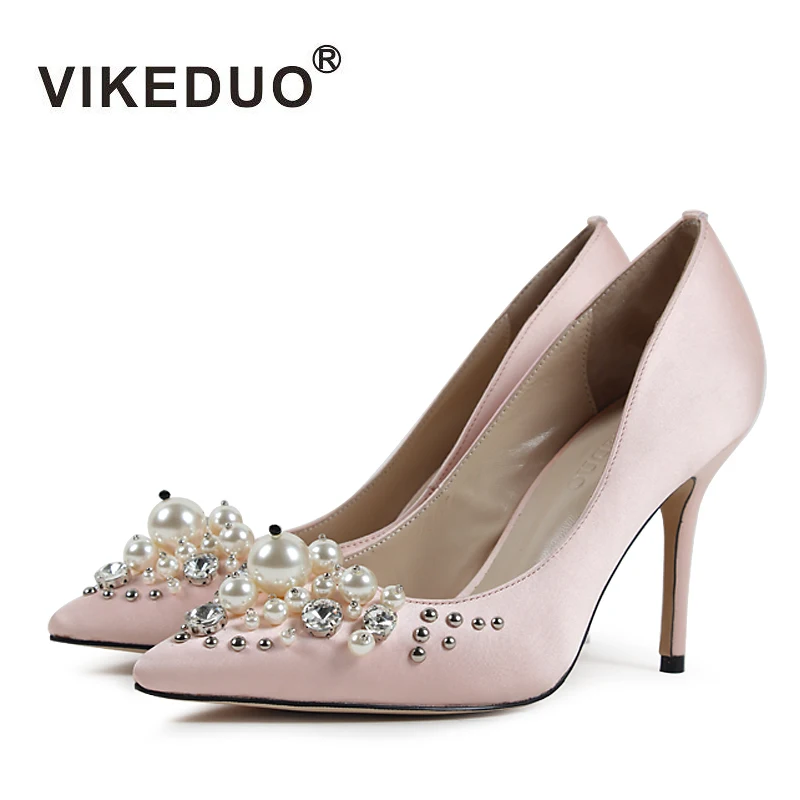 

VIKEDUO Fashion High Heels Shoes For Women Solid Beading Pumps Female Plus Size Pointed Toe Handmade Shoe Genuine Leather Sapato