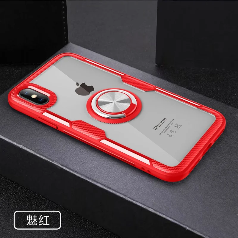 Transparent Crystal Carbon Fiber Armor Cover For iphone x xs max xr 6 7 8 6s Plus 360 Finger Ring Clip Magnetic Car Holder Case - Цвет: RED