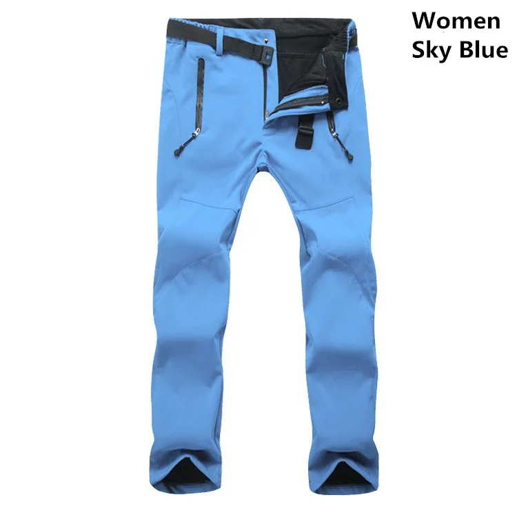 Эластичные толстые теплые зимние флисовые штаны для женщин с флисовой подкладкой тактические брюки ветрозащитные водонепроницаемые женские повседневные термо брюки - Цвет: Небесно-голубой