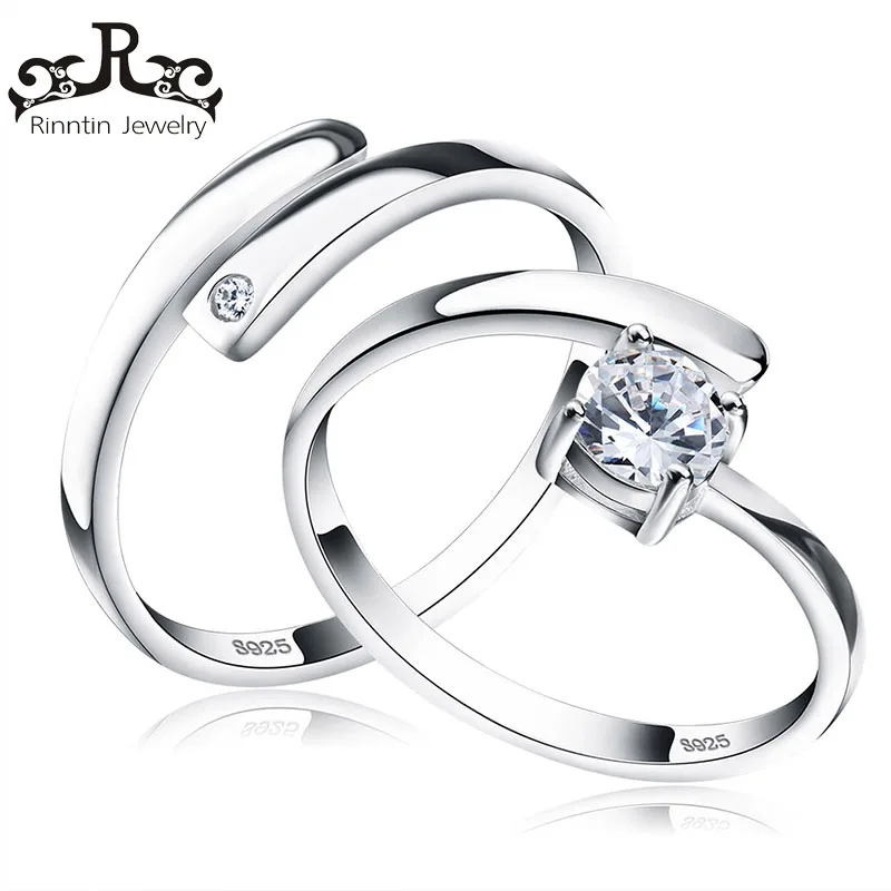 Rinntin 100% Sterling Silver 925 Promise Rings Set With Cubic Zircon Resizable Couple Ring For Women Men Fine Jewelry TSR22 Fine Jewelry