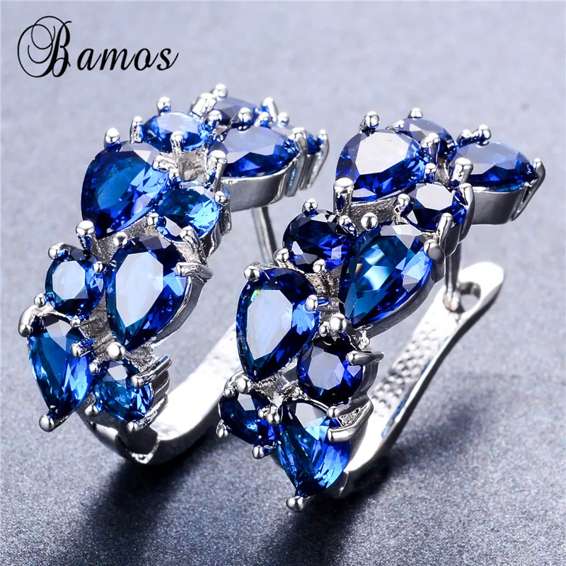 

Bamos Bohemian Pink/White/Blue/Red/Green Earrings Luxury White Gold AAA Zircon Hoop Earrings For Women Love Jewelry Gifts