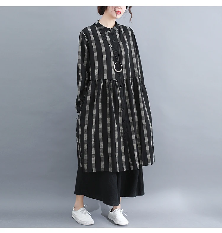 Dresses Women Dress Plus Size Long Sleeve Spring Summer Knee Length Casual Plaid Blouse Shirt Cotton Linen Dress Women 2019 7