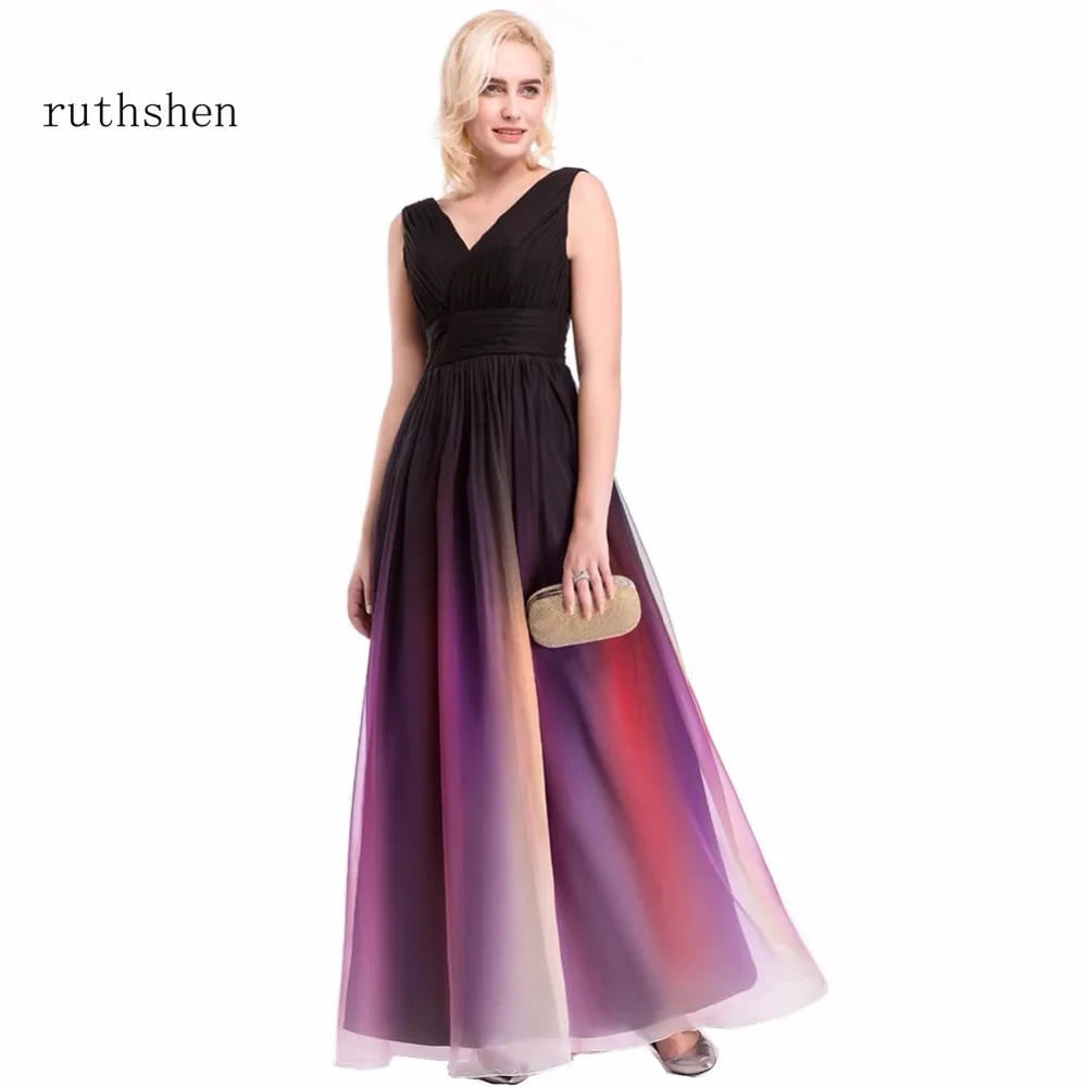 

ruthshen Gradient Evening Dresses Color Rainbow V Neck A Line 2018 New Arrival Vestido De Festa Prom Evening Gowns