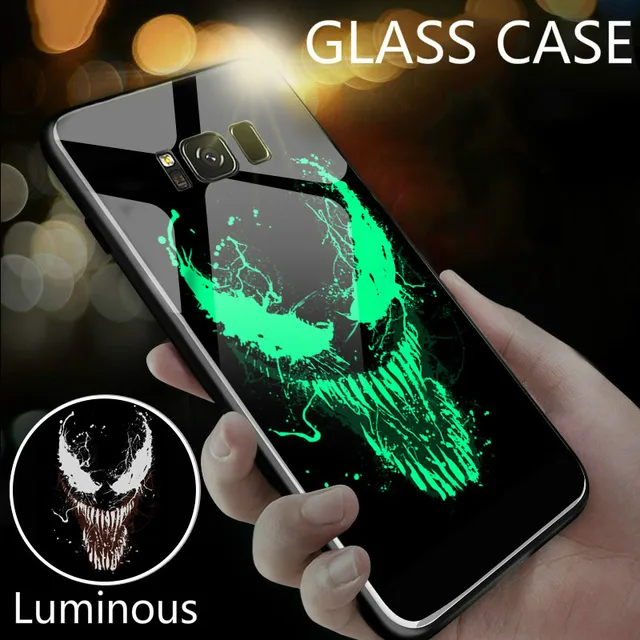 Marvel Venom Deadpool Batman Luminous Glass Case For Samsung Galaxy S8 S9 Plus Note 8 9 Black Panther Iron Man Back Phone Cover