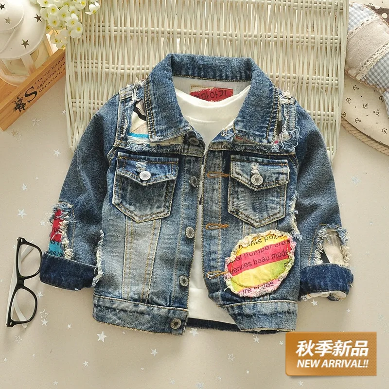 

2019 Fall Children's Wear Little Boys Fashion Patches Holes Denim Jacket Kids Casual Splicing Coat Baby Clothing Outerwear A214