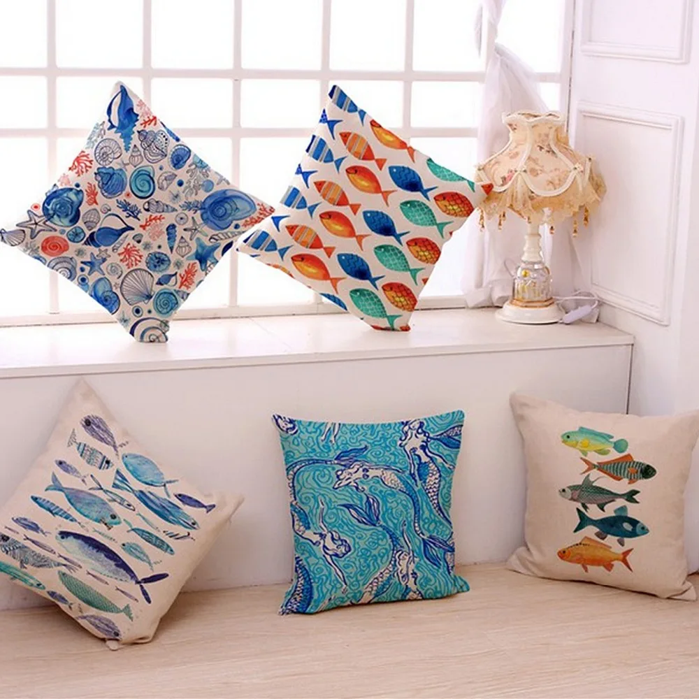 Cartoon Fish Pillow Cover Tropical Fish Linen Cotton Home Decor Cushion