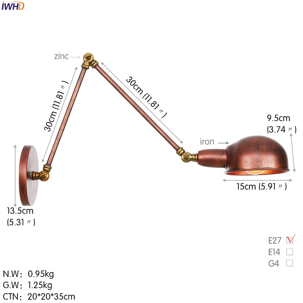 IWHD серебро Лофт Стиль Винтаж светодиодный настенный светильник Ванная комната Спальня Ретро Регулируемый качели длинные руки настенный светильник Эдисон Aplique сравнению - Цвет абажура: Rust