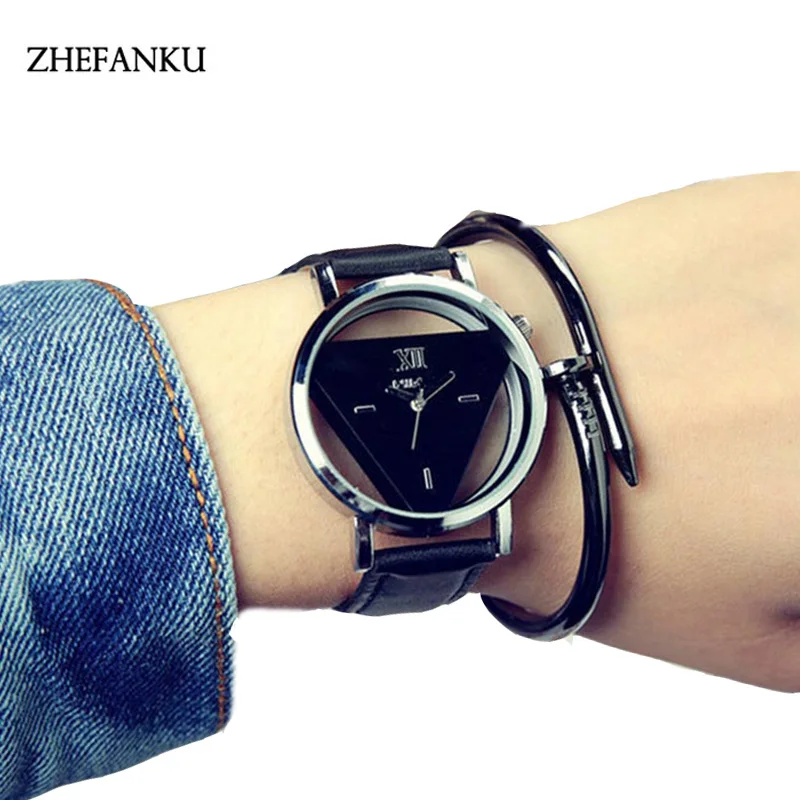 

ZHEFANKU Relogio Feminino Skeleton Triangle Watch Women Delicate Transparent Hollow Leather Strap Wrist Watch Quartz Dress Watch