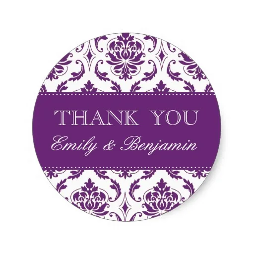 3 8cm wedding names purple damask thank you labels classic round