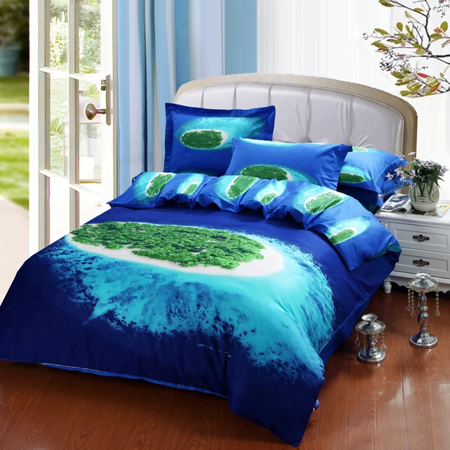 3D Blue sea island bedding set queen size cotton bed sheet quilt doona