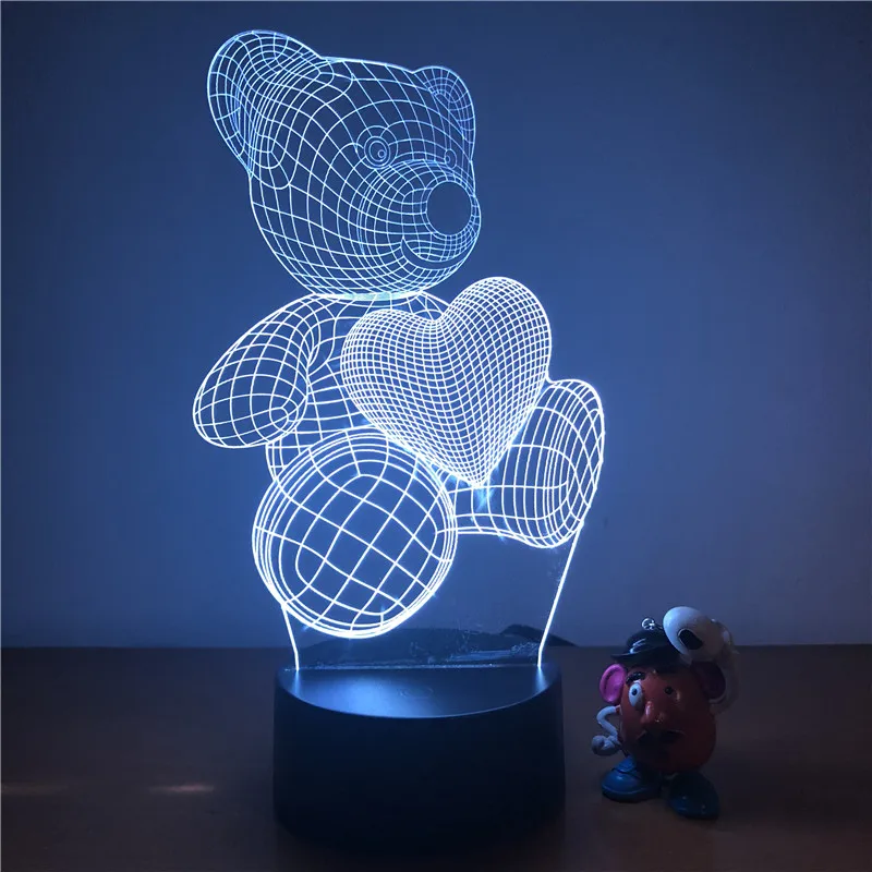 

Cute Teddy Bear Love Heart 3D Lamp LED Night Light Action Figure 7 Colors Touch Table Decoration Light Optical Illusion