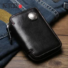 AETOO Ретро Мужская Дамская кожаная сумка для ключей на молнии из воловьей кожи, автомобильная сумка с пультом дистанционного управления, водительская карточная сумка