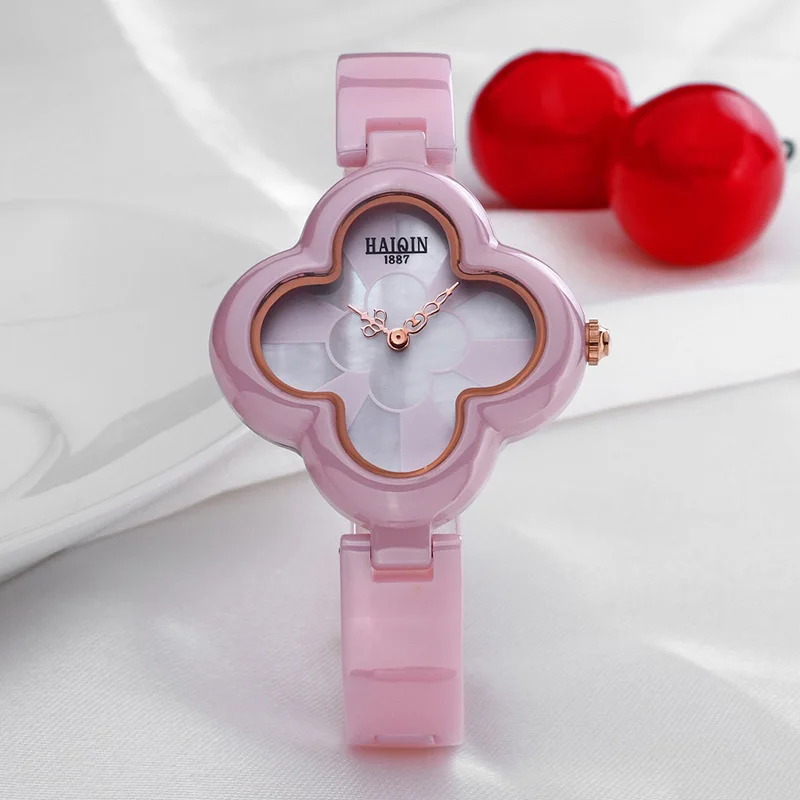 HAIQIN Quartz Women's Watches Casual Four Leaf Clover Shape Bracelet Wristwatch Luxury Noble Lady Ceramic Watch relogio feminino - Цвет: Pink