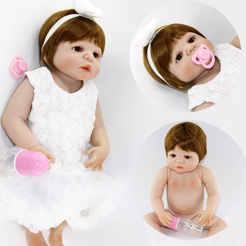 

DollMai 23" girl princess reborn babies white dress whole body silicone reborn baby dolls for child gift bebes reborn