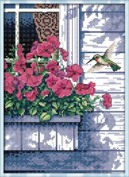 

Needlework,DIY DMC Cross stitch,Sets For Embroidery kits, Cottage Balcony Flower bird Pattern Counted Cross-Stitch Sewing kit