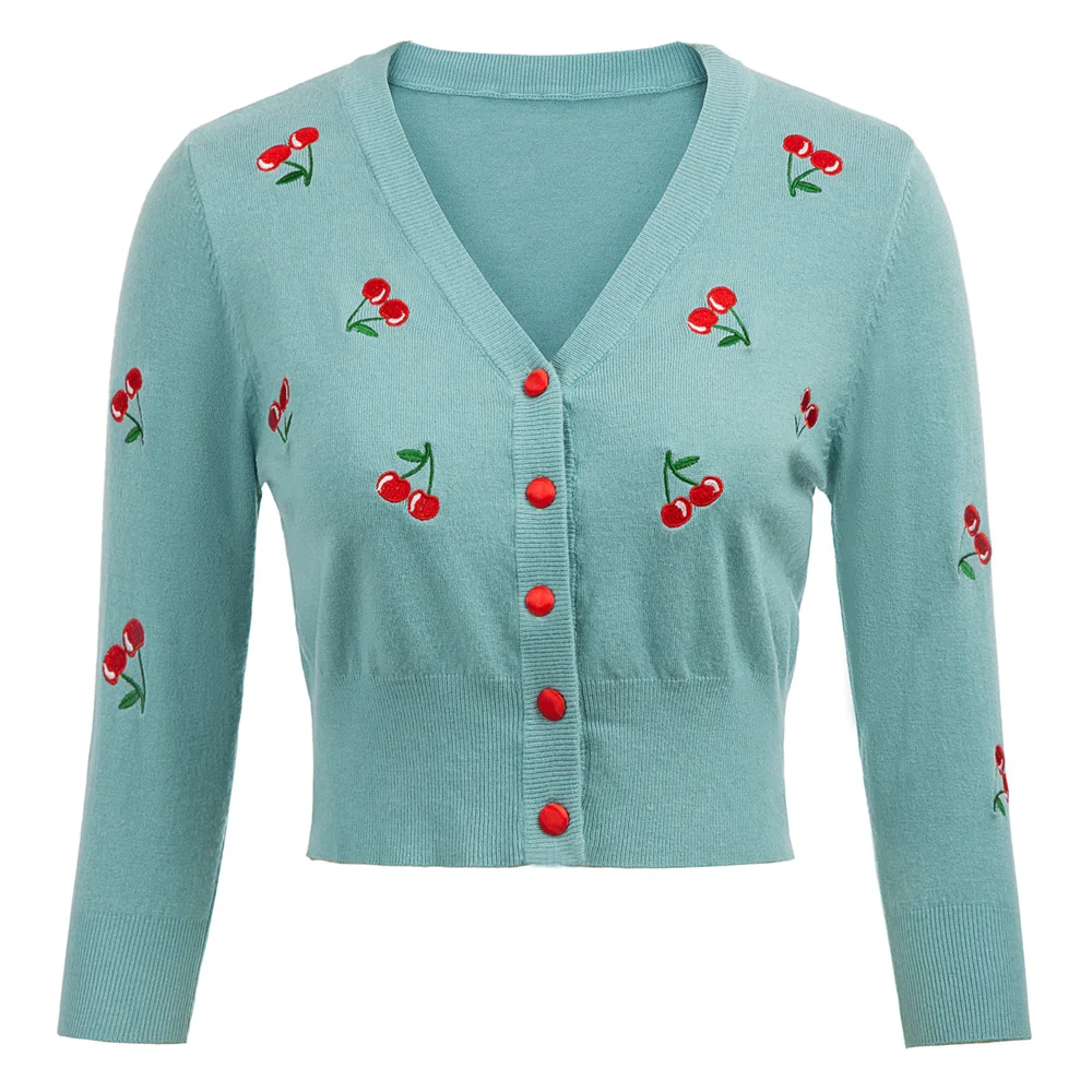 Belle Poque, 8 цветов, женский кардиган с вышивкой вишни, женский кардиган с v-образным вырезом, вязанный,, зимний женский свитер - Цвет: Light Blue