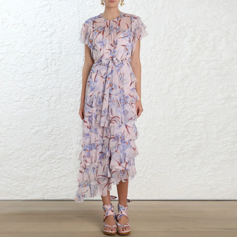 

2019 Summer Tropical Wisteria Flower Print Tiered Ruffles Holiday Long Dress Women Butterfly Sleeve Self Belt Floral Silk Dress