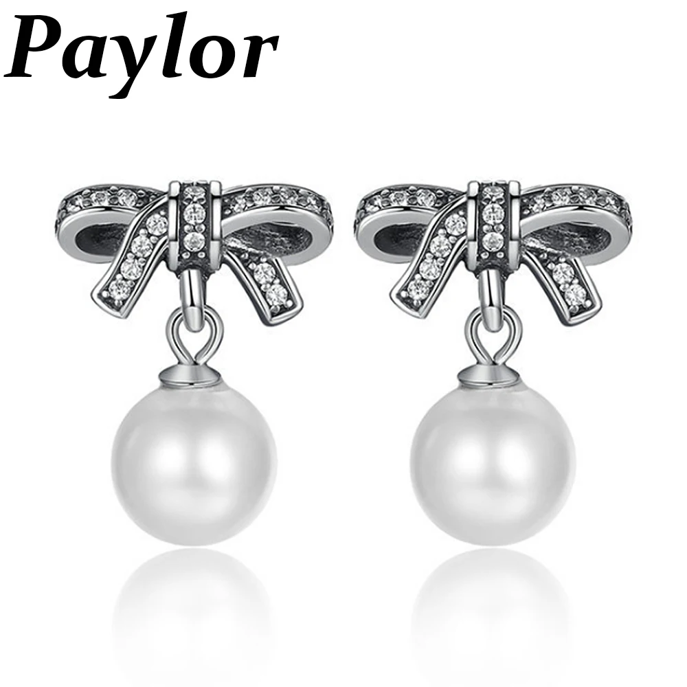 

New Fashion Bow Knot Earrings Pandora Jewelry Female Drop Earrings with Pearls Earrings Silver Color Jewelry Mother's Day Gift