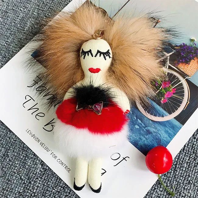 Modern Girl Grazy Women Real Rex Rabbit Fur Keychain Fluffy Doll Fur Pompon Bag Charm Keyring Luxury Car Key Pendant Accessories - Цвет: Red 1