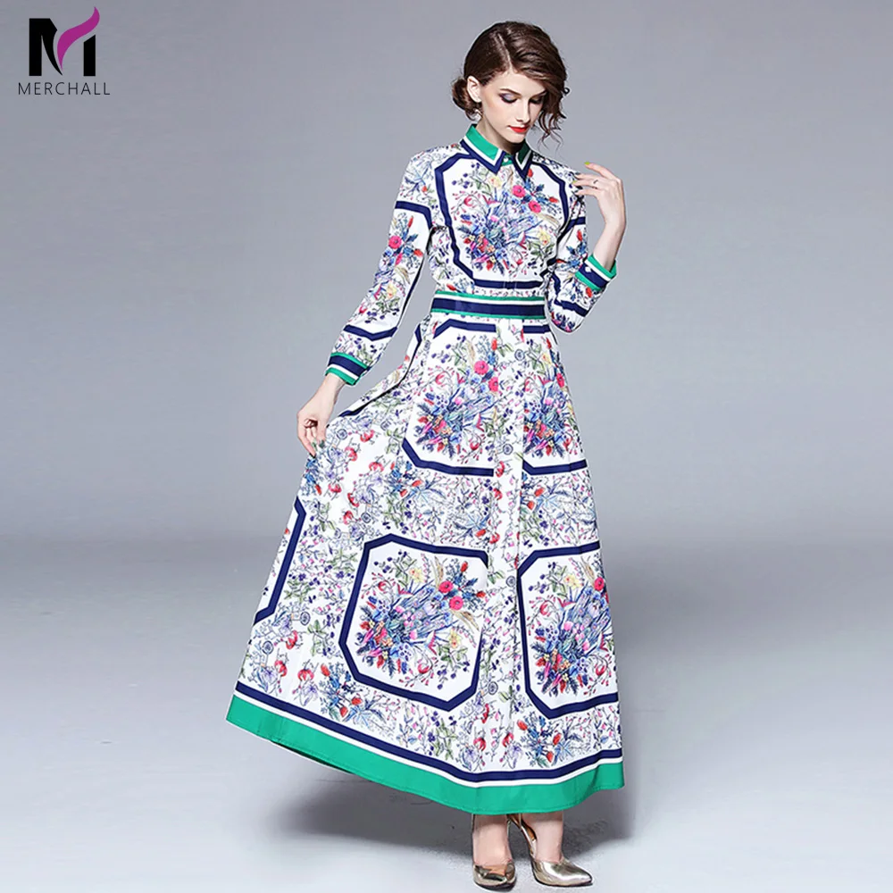 

2019 High Quality Women Fashion Floral Print Vintage Dress Long Sleeve Casual Shirt Dress Runway Designer Dresses Robe Femme
