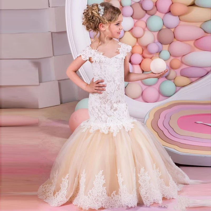 

Smileven Champagne Lace Flower Girl Dress 2019 Girl's Birthday Party Pageant Dress Lace Appliques First Communion Dress
