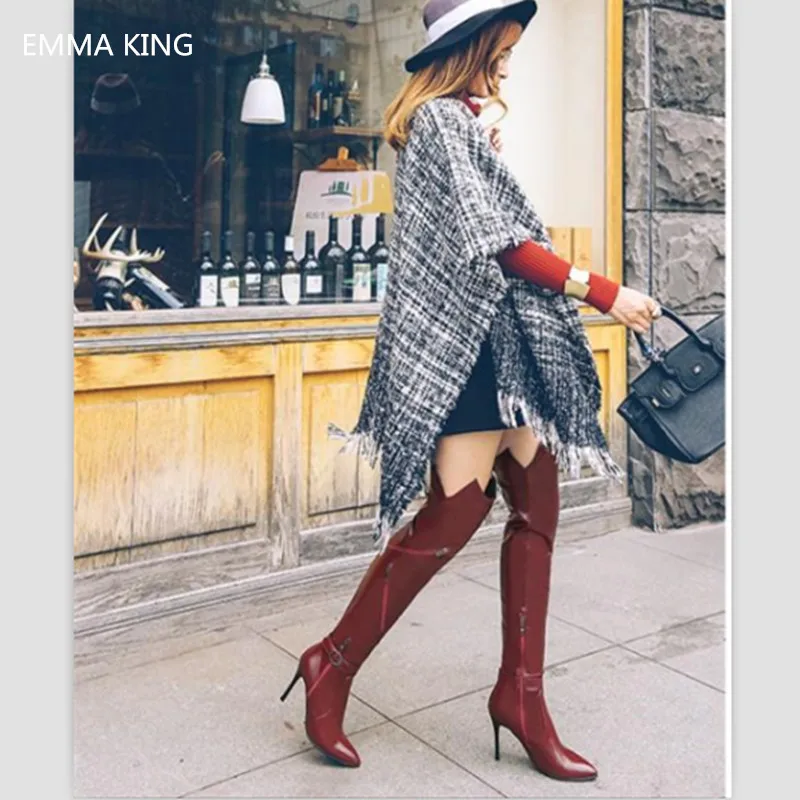 

Spring Autumn New Pointed Toe Over Knee Women Boots Zipper Buckle Decorated Stylish Long Boots Stiletto High Heels Ladies Shoes