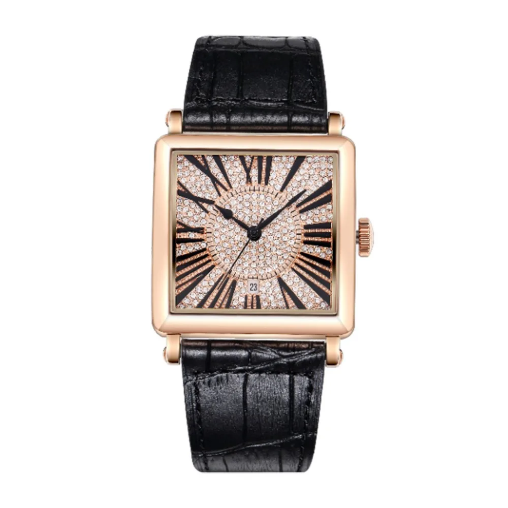 MATISSE Women Fashion Full Crystal Dial Leather Strap Quartz Watch Wristwatch Black