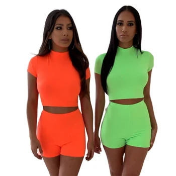 

Wantmove 2019 new summer women two-piece fluorescent color short sleeve lumbar top high waist slim shorts casual two-piece WM653