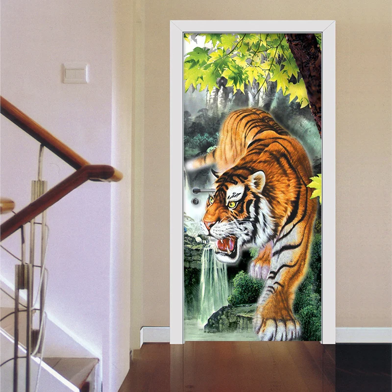 

3d Door Sticker Self Adhesive Animal Tiger Home Decor Waterproof Canvas Print PVC Poster Wall Art Picture Suit For Children Room