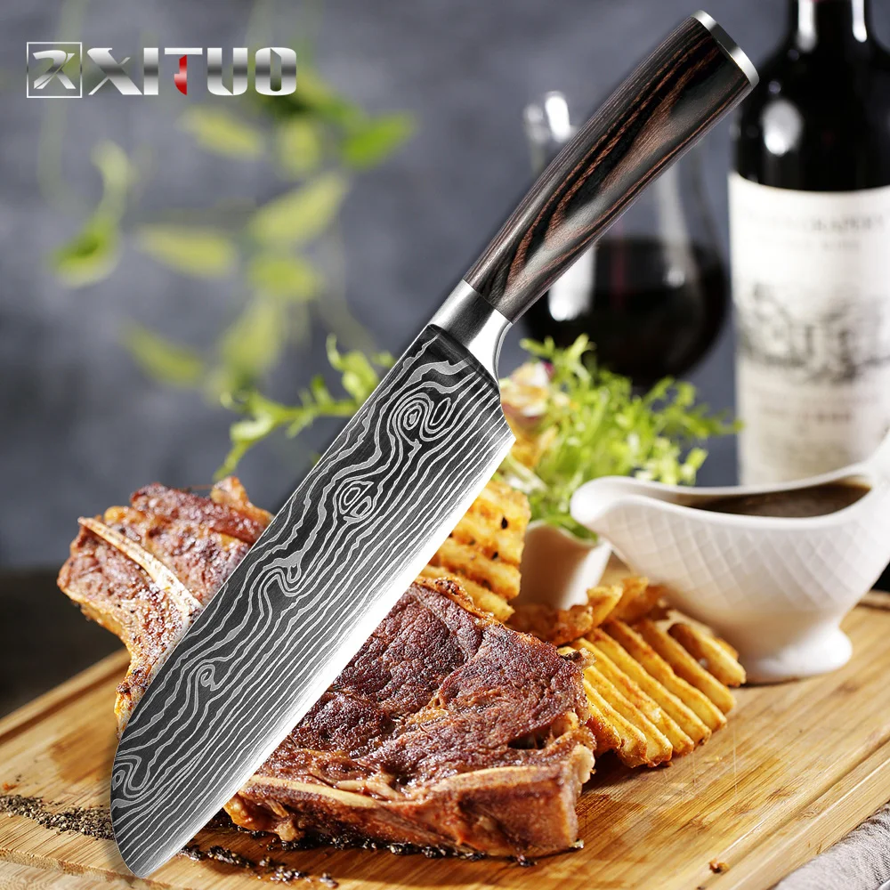 

7"Santoku kitchen knife Imitation damascus steel pattern japanese kitchen knives Sharp Chef Cleaver Slicing Knives Utility knife