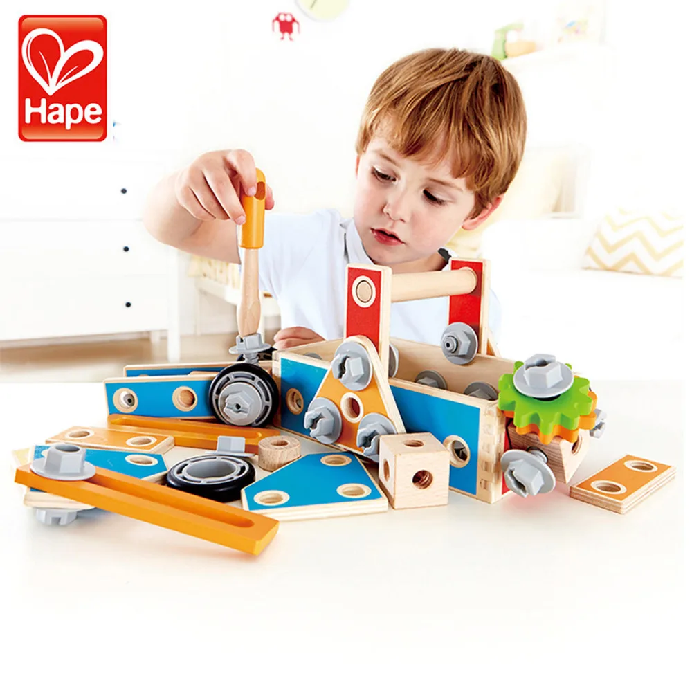 HAPE Baby Wooden Toy Multifunctional Carpenter Tool kids Maintenance Wooden Tool Nut Combination Intellectual Assembly Toys