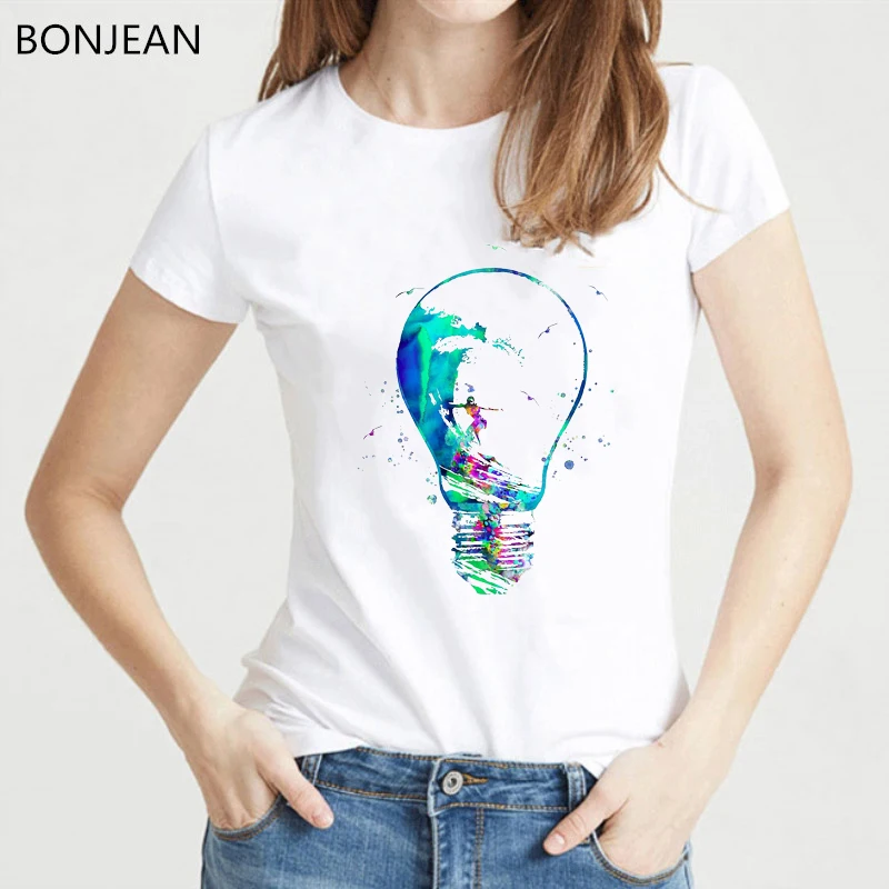 

Novelty design watercolor surfer girl in bulb t shirt women hipster cool ladies tee shirt femme korean style t-shirt female