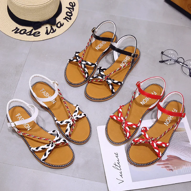 

2019 summer new style simple and simple color matching woven sandals women comfortable wild casual sandals