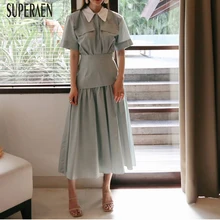 SuperAen летнее новое женское длинное платье из хлопка для похудения с высокой талией женское платье модное Повседневное платье с коротким рукавом платье с отворотом