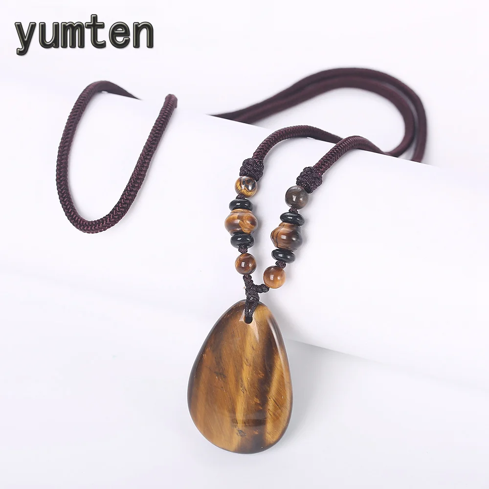 

Yumten Ethnic Women Long Necklace Tiger Eye Stone Pendant Water Drop Rope Chain Fashion Sweater Chain Female Yoga Jewelry Beaded
