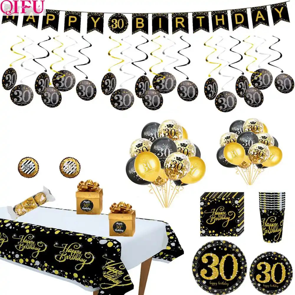 QIFU черные золотые воздушные шары 30 лет украшения вечерние 30 лет счастливые 30-летние вечерние украшения для взрослых 30 лет